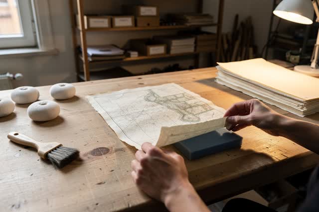 I dream that I lift the map before it learns the wrong flatness. In a paper conservation workroom, careful hands raise o