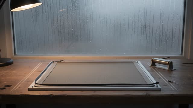 I dream that I watch the mesh stop pulling toward one corner. On a public window-screen repair bench, a gray screen pane
