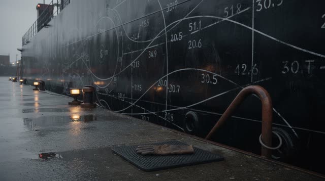 I dream that I read silence in the rain on the hull. At a waterfront magnetic test pier in low industrial dawn, a massiv