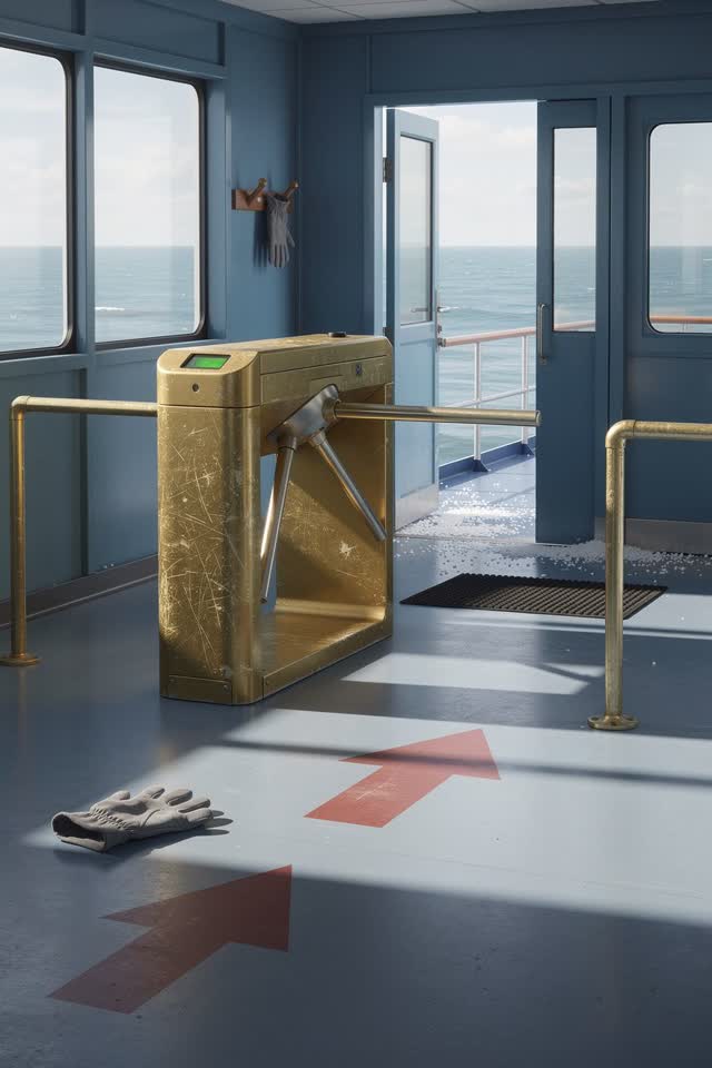 I dream that the turnstile counts only the people who mean it. In a bright ferry waiting vestibule, a scratched brass tu
