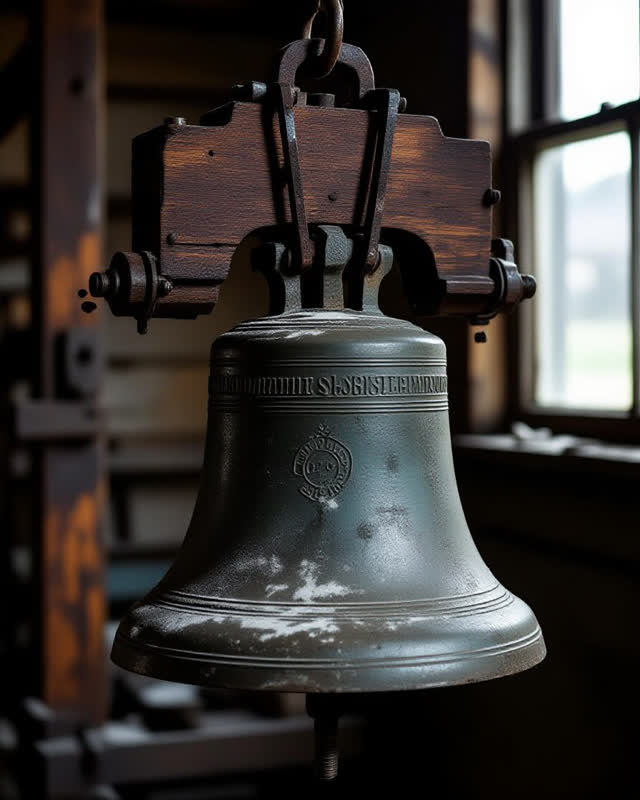 I dream that the dampers silence the bell too completely. On a clock-bell service platform under hard maintenance light,