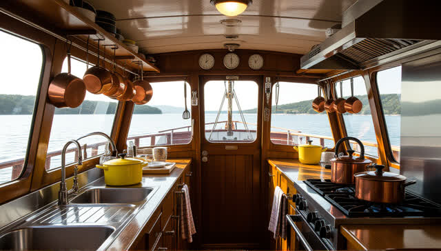 I dream that the ferry galley learns to steam in tune. In an impossible ferry galley open to morning sea air, enamel pot