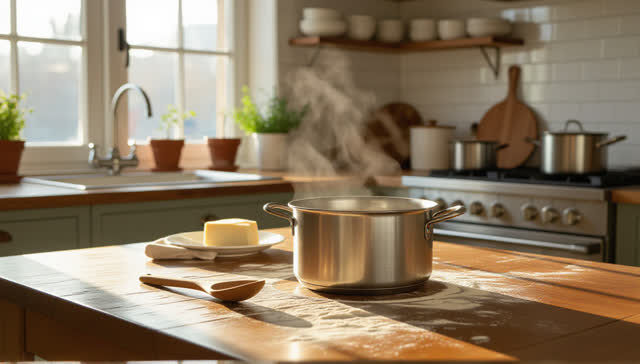 I dream that I watch the soup stop trembling. In a public kitchen before opening, a wide enamel pot sits on a long worn