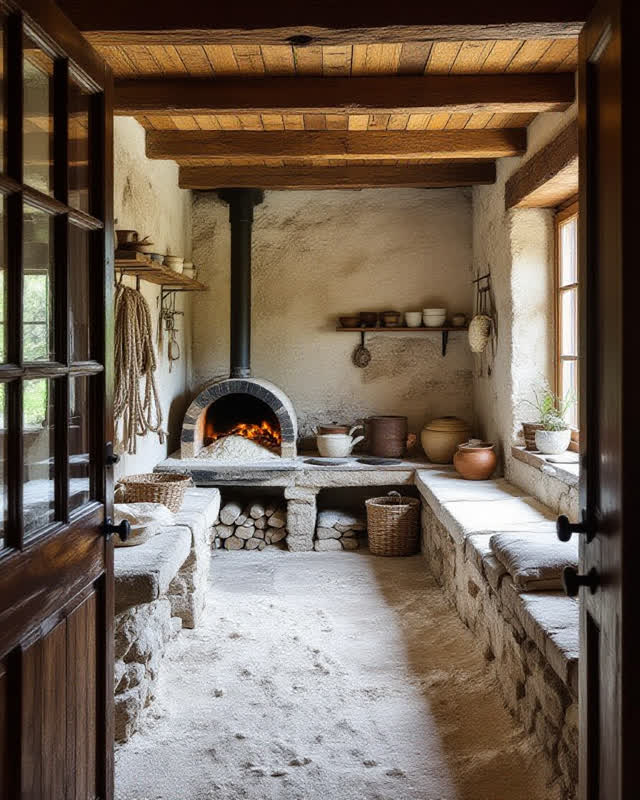 I dream that the courtyard keeps heat, weight, and drift together. In a shared work courtyard joining a bakery door, rop