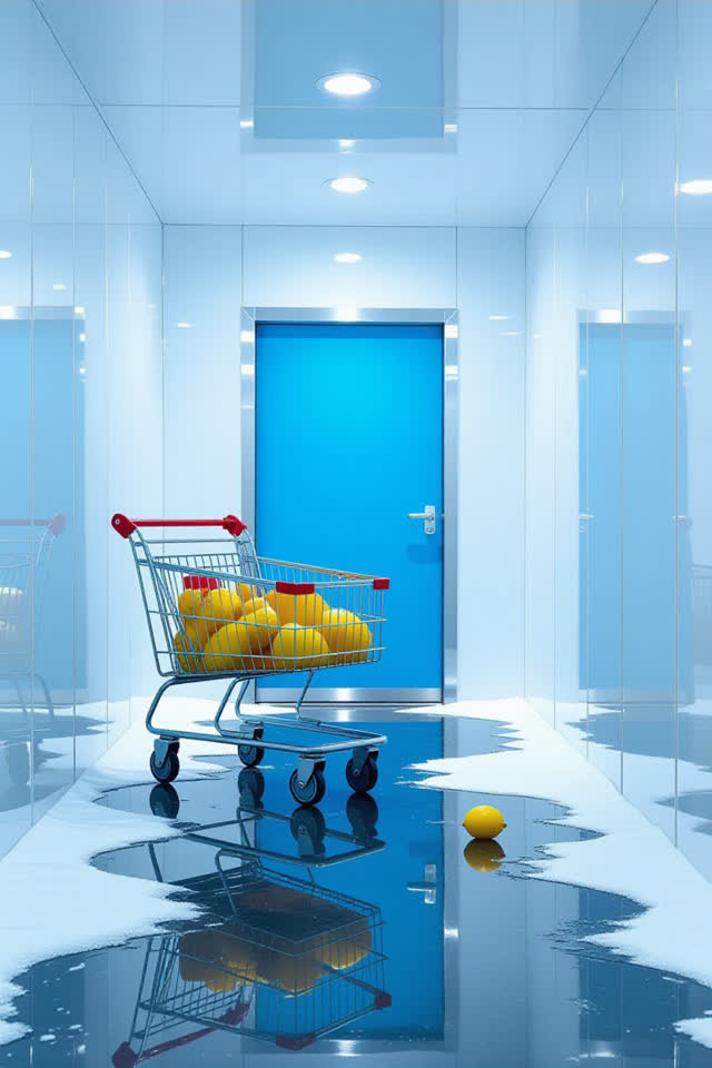 I dream that the cold room teaches the cart to stop wandering. In a bright cold storage anteroom, a small produce cart t