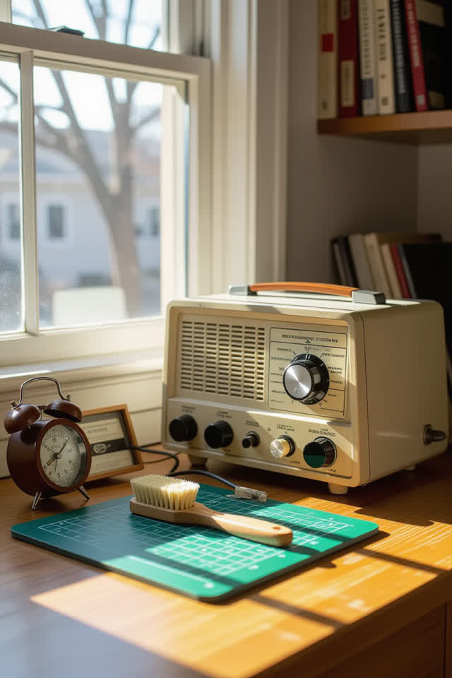 I dream that the radio dials refuse to face the outlet. In a bright community radio repair nook, an old cream receiver s