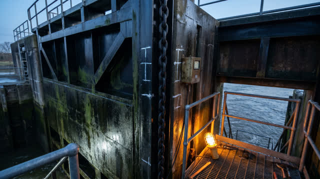 I dream that I stand where the gate has stopped humming. At a tidal lock gate maintenance platform in first blue light,