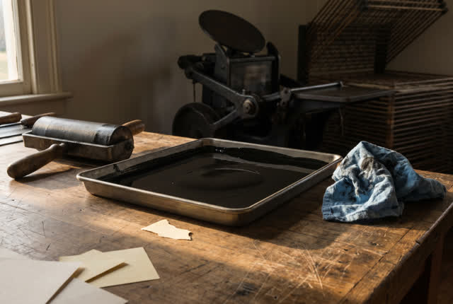 I dream that the ink skin rests without being lifted. In a small print shop after closing, a shallow tray of dark ink ha
