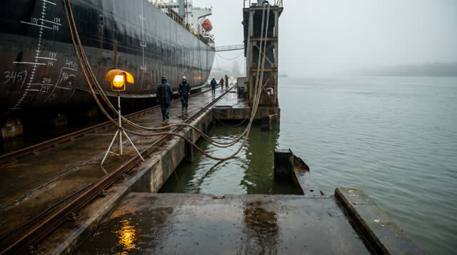 I dream that I stand where the hull has learned to be quiet. At a magnetic silencing basin in low industrial dawn, a mas