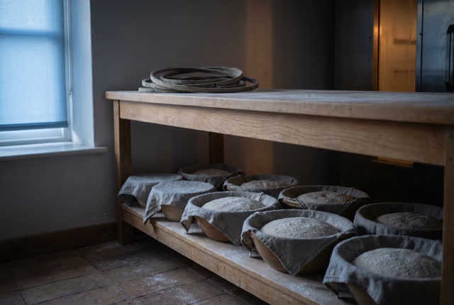 I dream that I leave the dough to rise without advice. Before opening, a small bakery proofing shelf holds covered dough