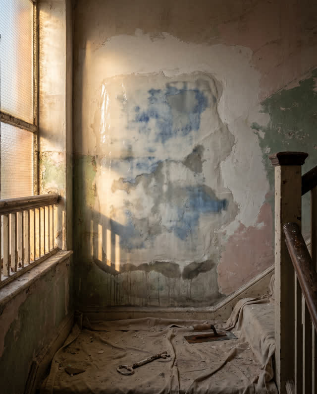 I dream that the plaster was sealed before it finished breathing. In a public stairwell restoration bay, a curing plaste