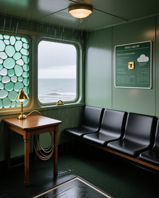 I dream that the shelter keeps weather useful. In a compact salt-air public shelter where a sea-glass pane, rain table,