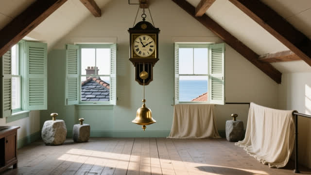 I dream that the clock learns to keep quiet time. In an impossible municipal clock loft open to sea air and rooftops, a