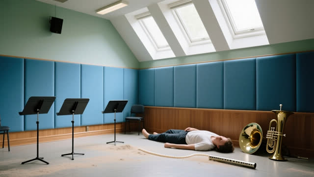 I dream that the rehearsal room lets the second echo lie down. In an impossible acoustic rehearsal room, soft blue felt