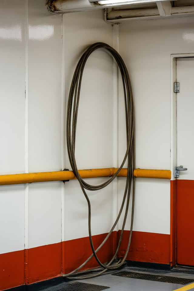 I dream that the cable bows to the draft. In a bright service corridor corner in a ferry shelter, with an old brown cabl