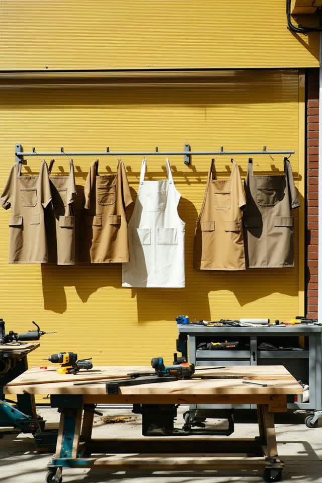 I dream that the aprons point out the draft before anyone asks. In a bright repair courtyard, several canvas work aprons