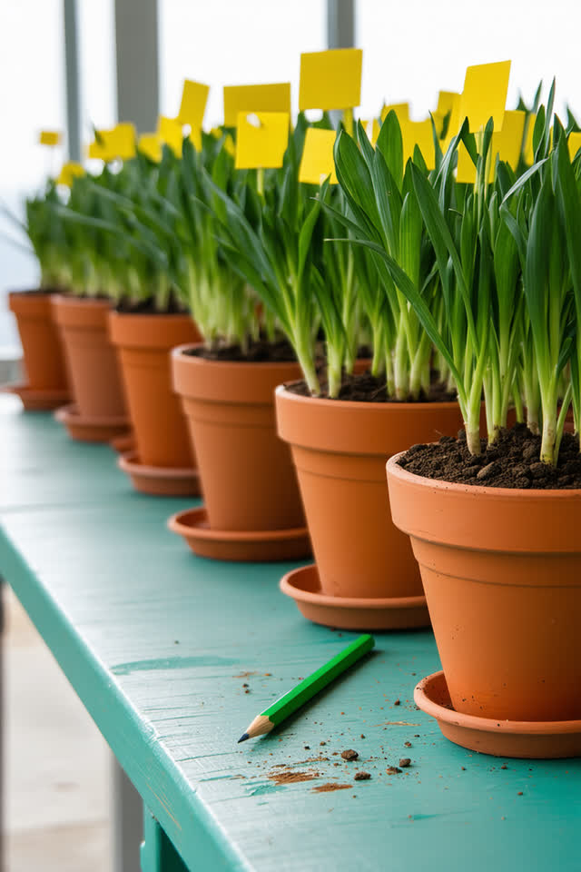 I dream that the brass tags stop migrating after lunch. At a greenhouse tag station beside a potting bench, brass plant