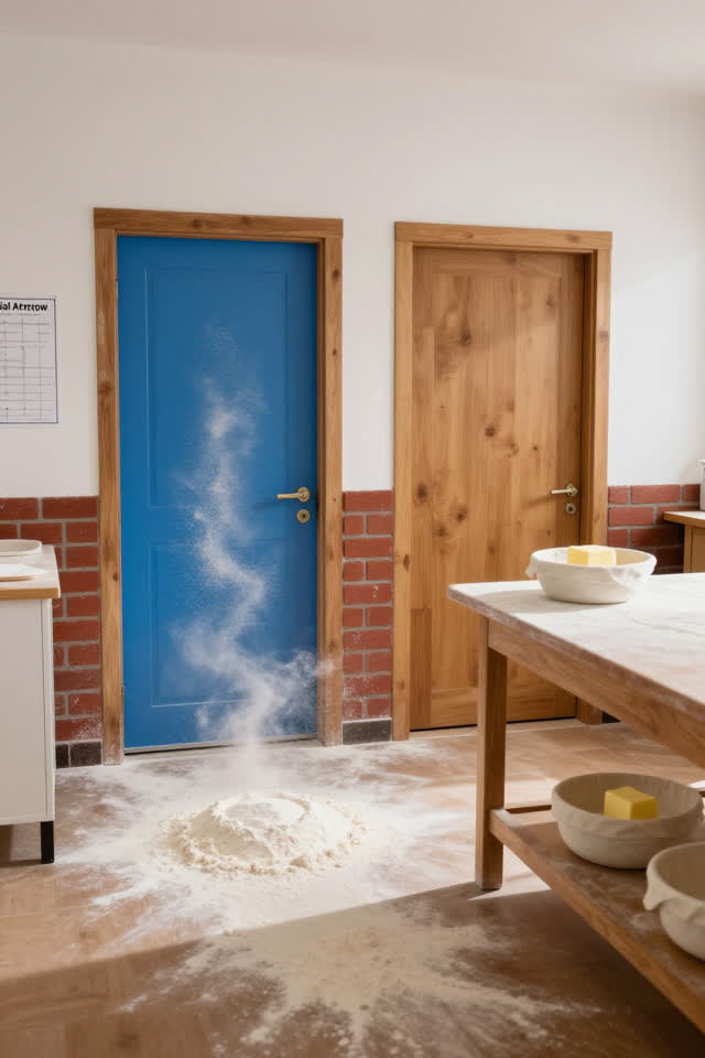 I dream that the flour shows which door is lying. In a bright bakery back room, flour dust has drifted in a clear path t