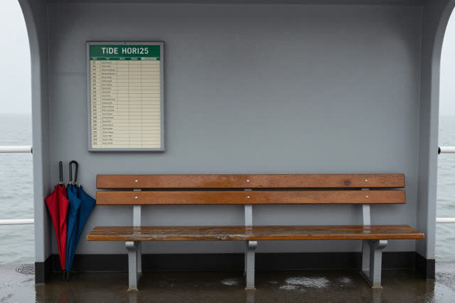 I dream that I let the ferry shelter agree with the weather. In a small ferry shelter after rain, a tide timetable rests