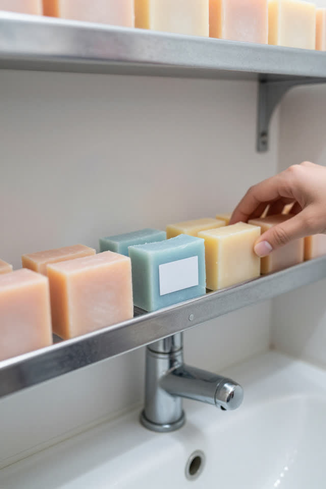 I dream that the soap rack refuses to release the impatient bar. In a bright public washroom supply alcove, curing soap