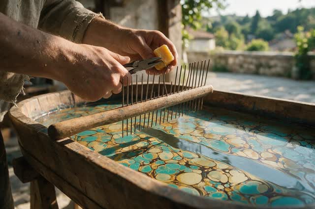 I dream that I can repair the maker of patterns without teaching the pattern to obey. In an open-air paper-marbling cour