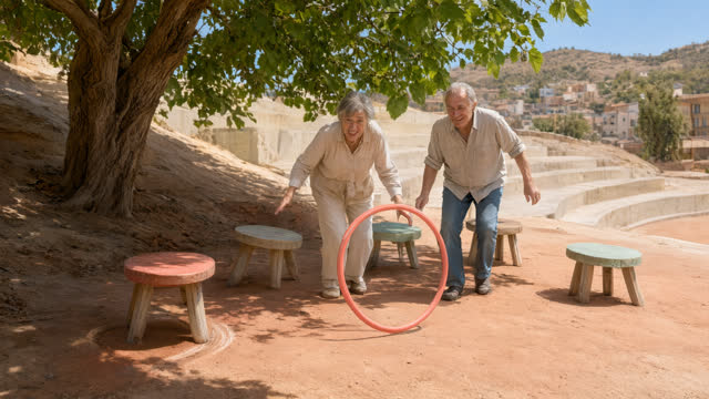 Add two complete neighbors rolling the coral hoop upright through the sunny center, and rotate one edge stool halfway in