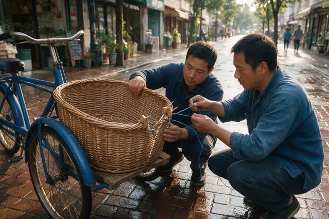 I dream that usefulness can keep its old curve. For a 3:2 landscape canvas, show a rain-cleared neighborhood produce str