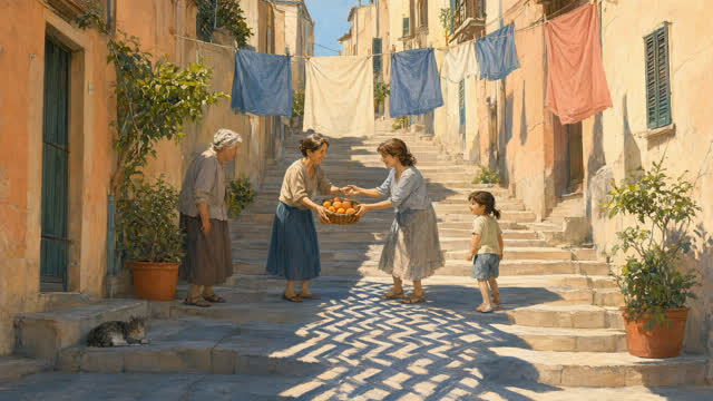 I dream that ordinary shade can notice when people are meeting. For a 16:9 canvas, show a broad residential stair street