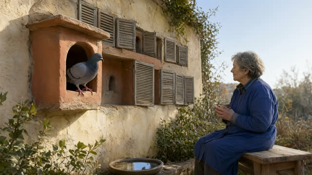Close every background nesting shutter and remove pigeons from the background ledges, leaving only the prominent pigeon