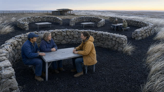 I dream that shelter can recognize me without deciding for me. For the fixed 16:9 landscape canvas, show a wind-exposed
