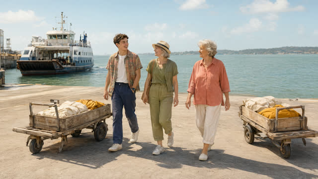 I dream that help can walk beside us without taking the lead. For the fixed 16:9 canvas, show a broad municipal ferry lo