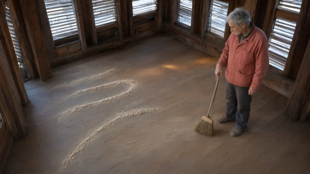 Remove the circular sweep mark and reshape the powder into three sparse, broken, roughly parallel granular bands that st