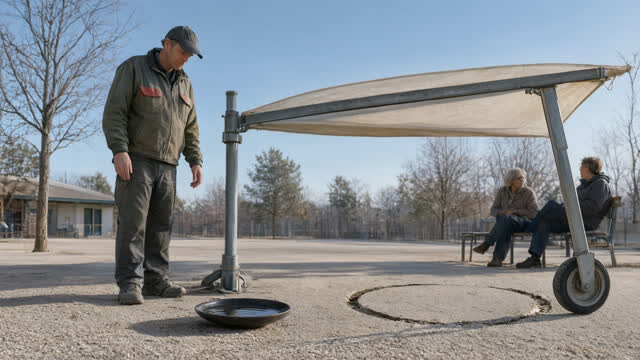 Extend one simple vertical support from the canopy’s far end to a load-bearing wheel touching the ground, and replace th